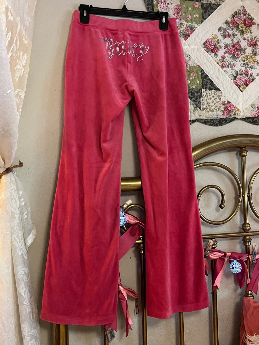 Y2K Juicy Couture Hot Pink Velour Wide Leg Pants with Rhinestone Logo